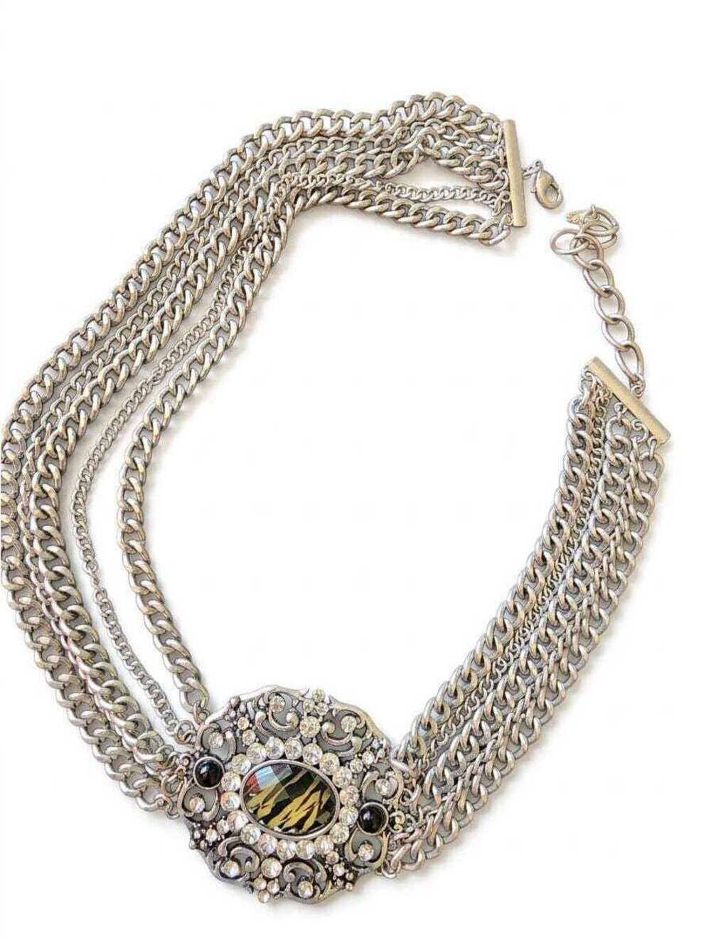 Vintage Silver Multi Strand Chain Necklace  Ornate Rhinestone Medallion, Boho